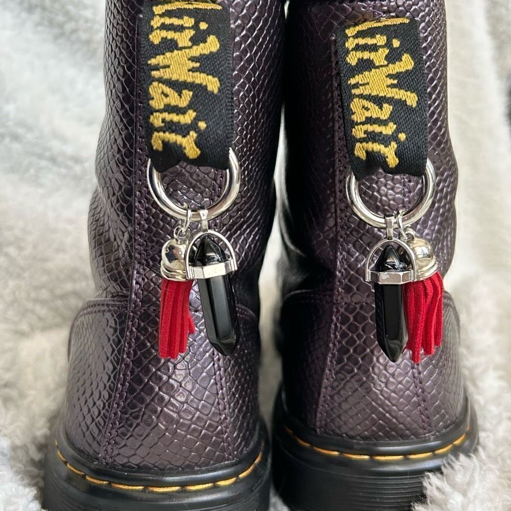 Silver Boot Tab Dangle Black Crystal Point RedTassel Charms Dr Martens